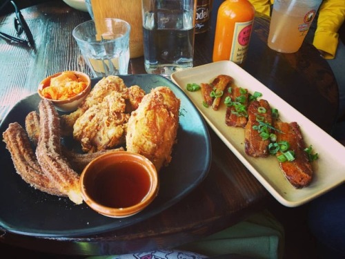 Maple glazed pork belly, fried chicken, and churros. I’m so full I could die. #worthit #noms #