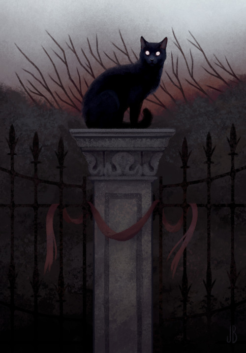 Your silent watcher stops to wait atop the cemetery gate.