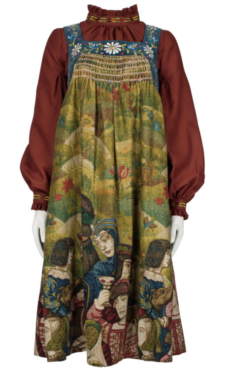 forestgreenlesbian:1970 Bill Gibb Baccarat Renaissance Pinafore Dress With Terracotta Shirt