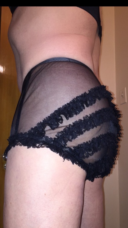 pantyfag:These photos show me wearing new sheer black ruffled panties which are the same style as the pink and red ones which have become my daily “go to” panties. They also show me wearing 2 new bras which continue to be a pretty major head trip
