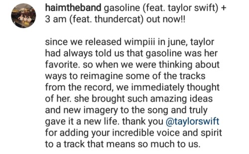 path-of-my-childhood:HAIM on Instagram about their collaboration with Taylor on Gasoline remix (Febr