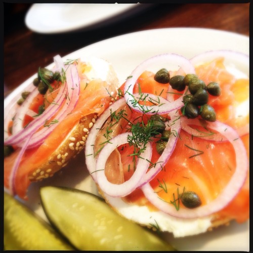 (1) challah French toast (2) lox and bagel at Wise Sons