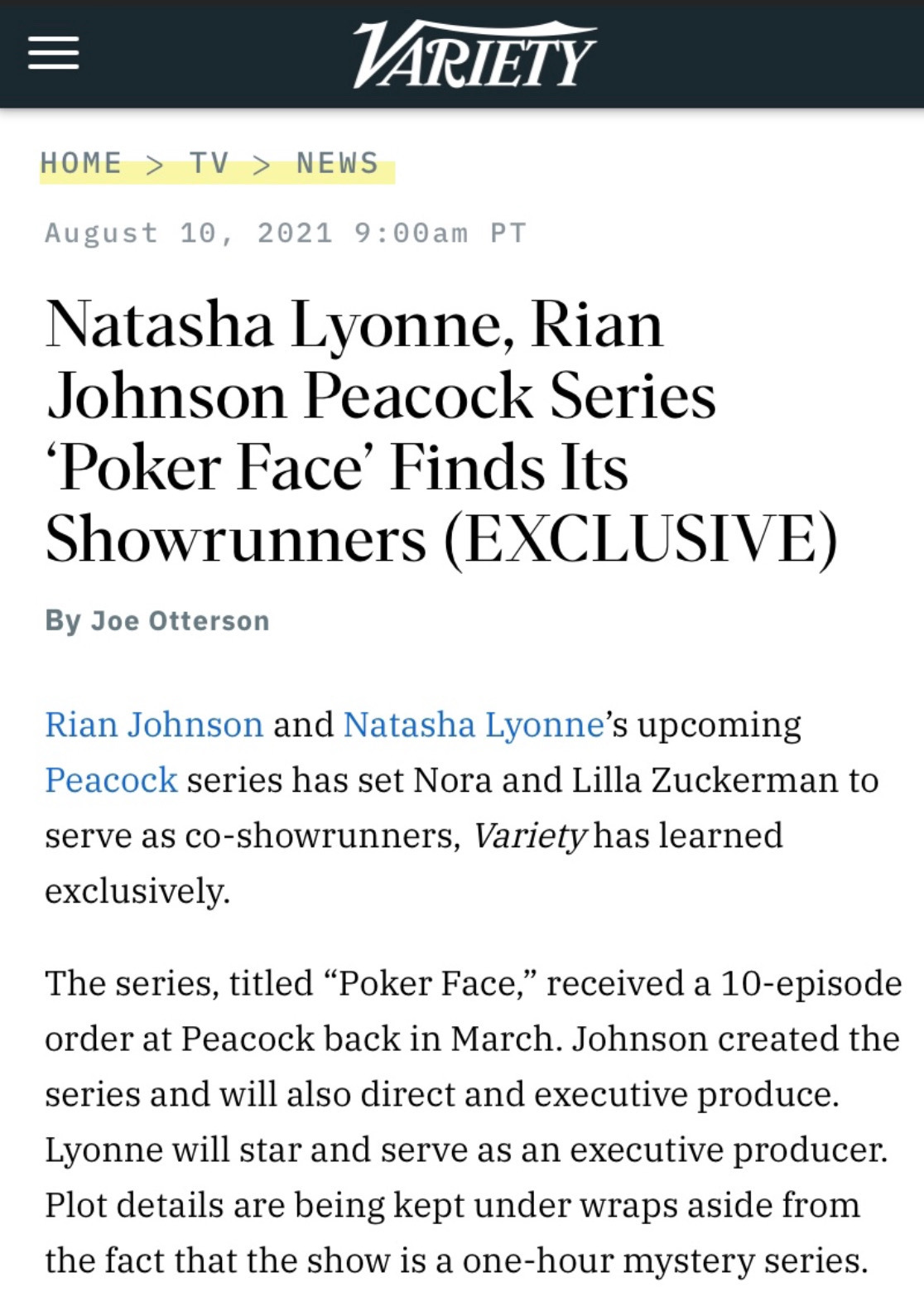 Rian Johnson, Natasha Lyonne's POKER FACE Series Finds Showrunners