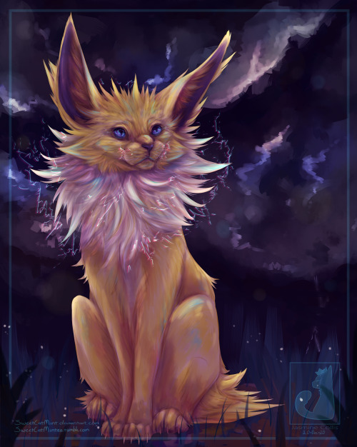 sweetcatmintea:Jolteon[image description: a digital illustration of a semi-realistic jolteon sitting