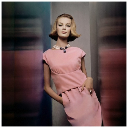 Nena von Schlebrugge, dress by Larry Aldrich, Necklace by Castlecliff, photo by John Rawlings, 1961.