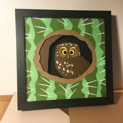 Little Elf Owl in his cactus burrow!This piece is for sale on my Etsy :)