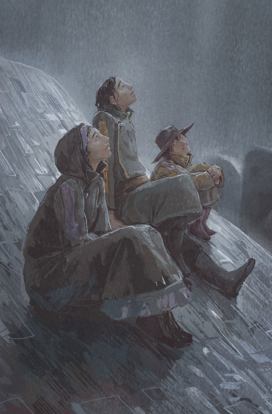 Feasting on irregularity and drizzle. It is just such a nice scene between the three of them on that rainy roof...