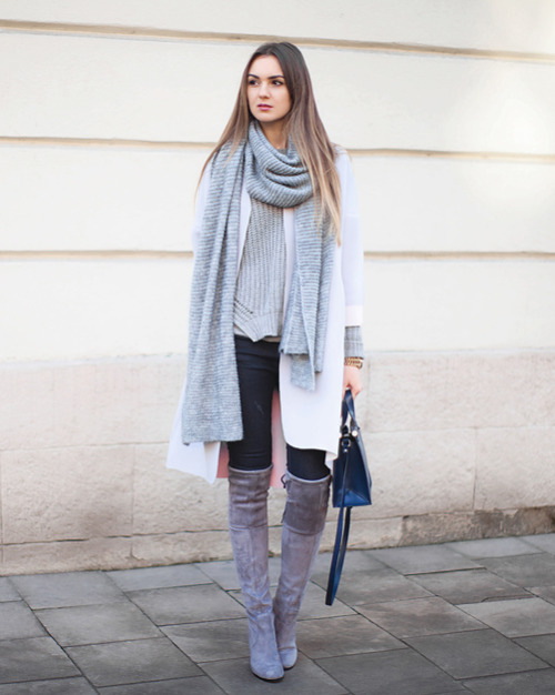 justthedesign:Over The Knee Boots Trend: Nika Huk is wearing a grey stretch suede boots from Choies