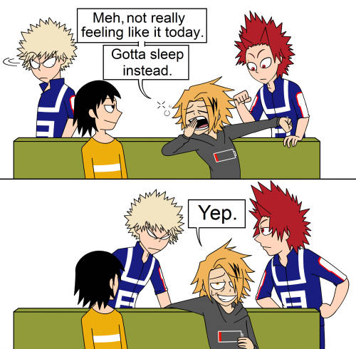 Kaminari getting dragged to training is so funny to imagine, even more hilarious if it’s Bakugo doin