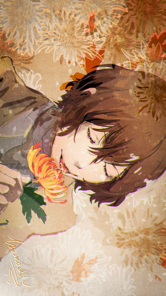 fanart of bsd dazai licking the center of an orange chrysanthemum