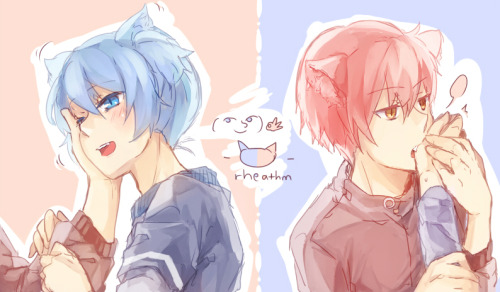 rheathm:  old doodles of a karunagi and Nya!Karunagi. colored it randomly just now. enjoy the nyaas ‘ v ‘ )/ 