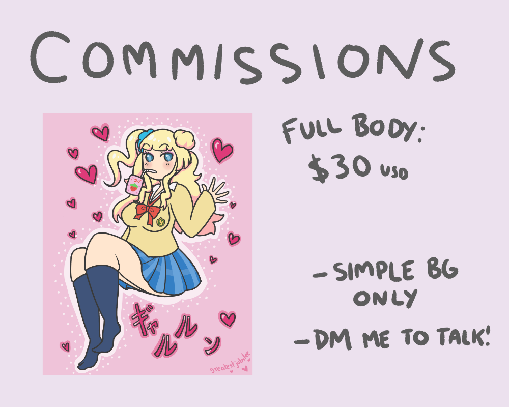 greatestjubilee:  hi hiiii people were asking so here it is: i’m taking 5 commission