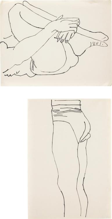 nearlya:  Andy Warhol. Two works: (i) Reclining Figure with Legs to Chest; (ii) Standing Figure, circa 1956, ink on paper 