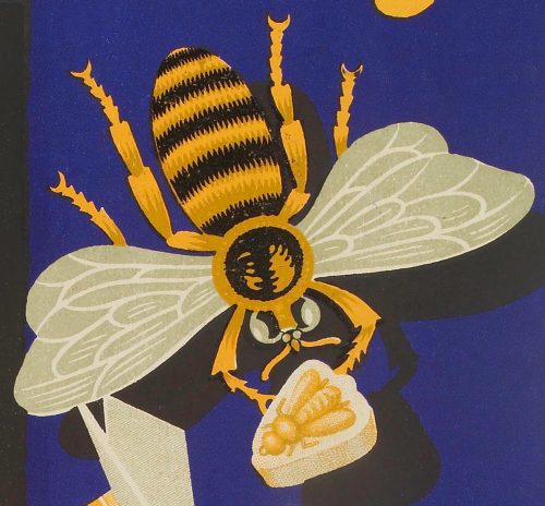 nemfrog:A bee with a cough drop. Honey-flavored cough sweets in the form of bees. Color lithograph. 