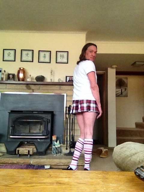 sissymichelle60:  Sissy’s little school girls outfit :))  You think my skirt is short enuf??