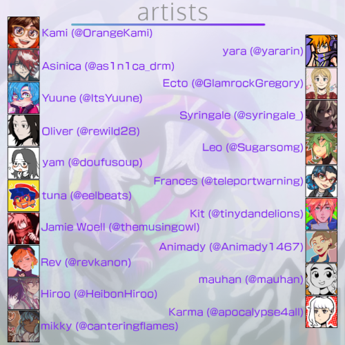 joshnekuzine:hey everyone! here is a list of our lovely and talented contributors who are going to bring this project to life. the handles provided are where you can find everyone on twitter, so feel free to go take a look at some of the amazing skill