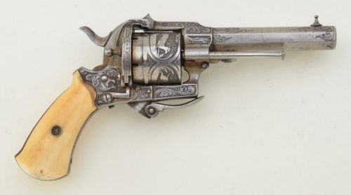 An engraved Lefaucheux pinfire revolver with folding trigger and ivory grips.  Belgian proof marks, 