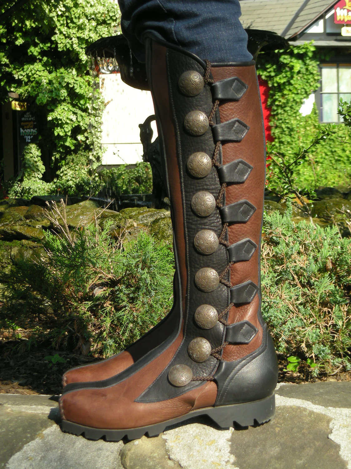 steamxlove:  9 Button Leather Boots Beige/Black Boots Dark Brown Buckle Boots Thigh