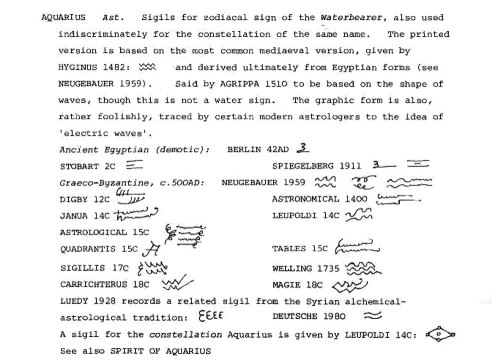 Sigils for the zodiacal sign Aquarius, taken from The Dictionary of Occult, Hermetic, and Alchemical