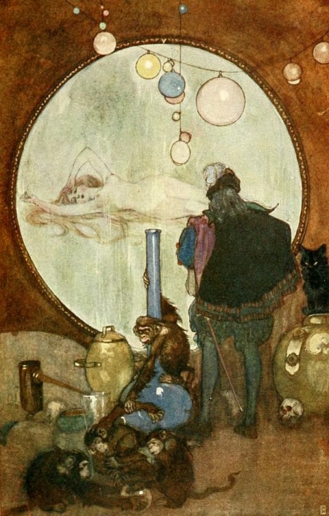 the-evil-clergyman: Faust and the Magic Mirror, from Goethe’s Faust by Willy Pogany (1908)