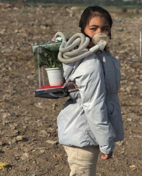 disease:Licypriya Kangujam wears her ‘Sukifu - survival kit for the future’ in protest against India’s poor air quality, February 2020