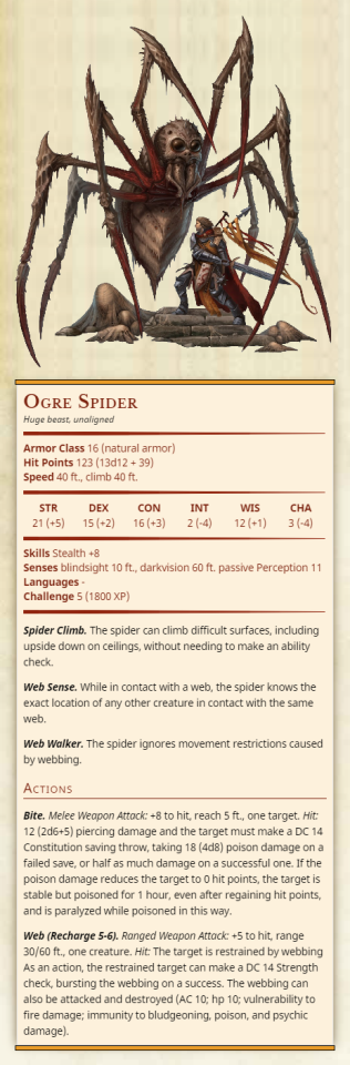 Ogre Spider Huge beast, unaligned Armor Class 16 (natural armor) Hit