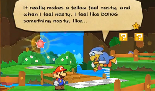 villainquoteoftheday:
““You know, when I think ‘little Mario,’ I think ‘Bowser’s perpetual enemy,’ which makes you MY enemy.”
-Kamek, “Paper Mario: Sticker Star” ”