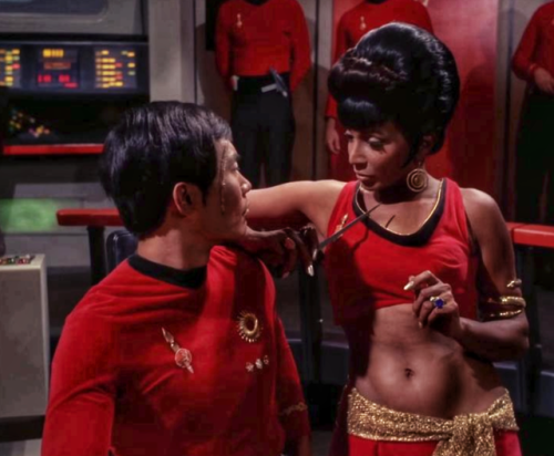 Nichelle Nichols as Lt. Uhura and George Takei as Lt. Hikaru Sulu in Star Trek. The series explored 