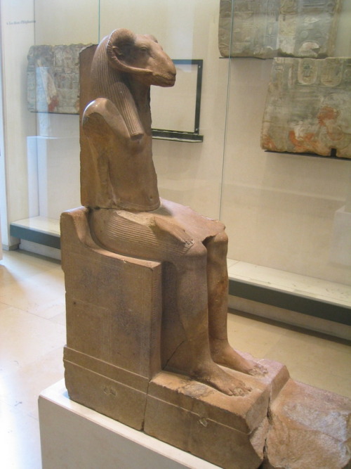 egypt-museum:   Statue of Khnum  Seated statue of the Ram-headed god Khnum. New Kingdom, 18th Dynast