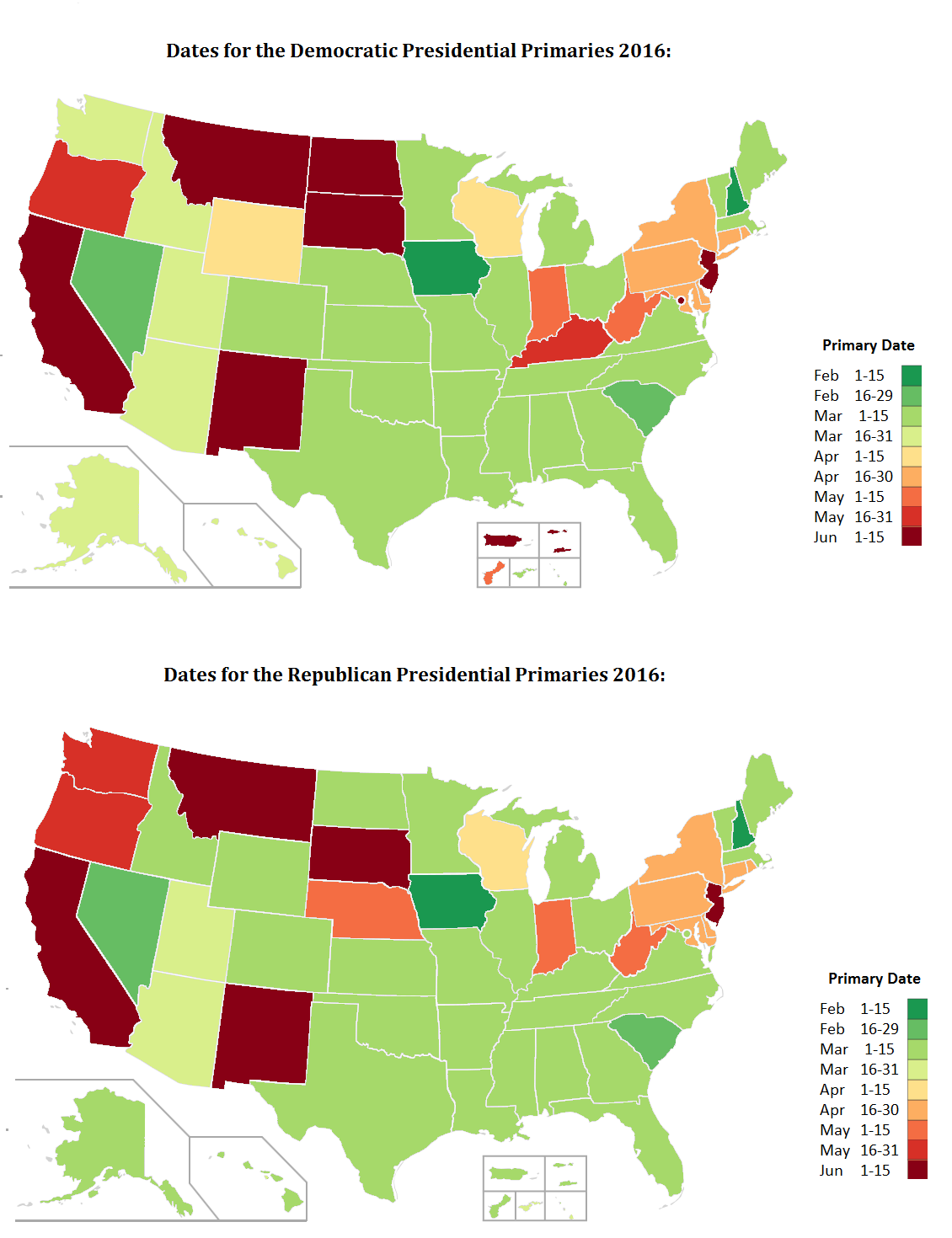 Dates of Presidential Primaries: how much do states get to influence the candidate pool?
[[MORE]]by Enali
“I put together this map to highlight primary dates on a diverging scale - source data is from the 2016 republican and democratic primary pages...