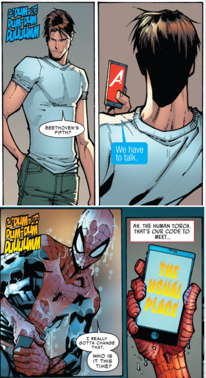 Superhero phone contacts. Amazing Spider-Man #2, May 2014. Dan Slott, Humberto Ramos, Victor Ol