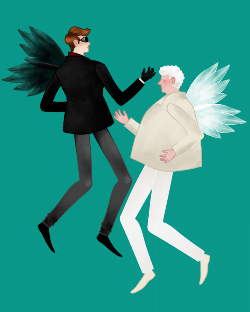 poseable Aziraphale + Crowley, based off of the show intro sequence | art commissions | get them on 