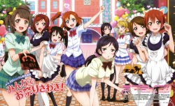 lovelivemj:  Illustrations of the μ’s girls advertising for a school event and RinPana recording together in Dengeki G’s Magazine October 2012 issue