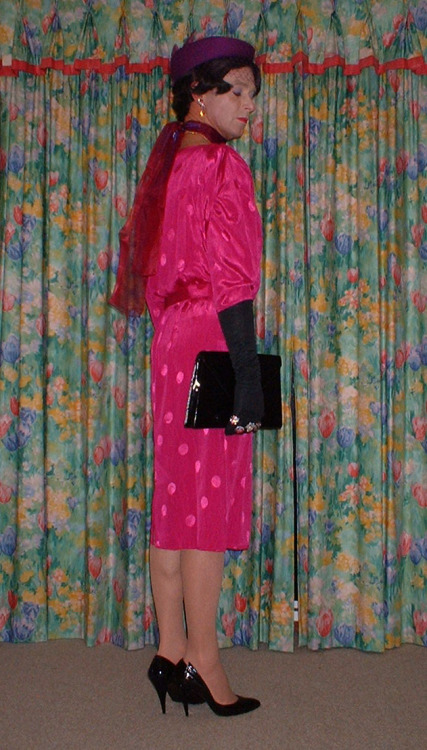 My pink satin dress with hat clutch bag and diamante jewelry.