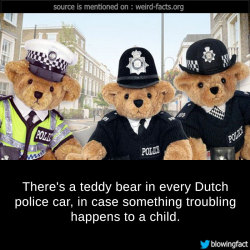 mindblowingfactz:    There’s a teddy bear in every Dutch police car, in case something troubling happens to a child. sourceFollow us on Instagramimage via mediamag
