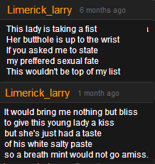 sassybrain:  I JUST FOUND COMEDIC GOLD ON A PORN WEBSITE OMFG I WAS LOOKING UP PORN TO SHOW MY ROOMMATE JAMES DEEN AND I FOUND A GUY WHO CALLS HIMSELF LIMERICK LARRY AND HE WRITES POEMS ABOUT THE PORN VIDEOS I CAN’T BREATHE 