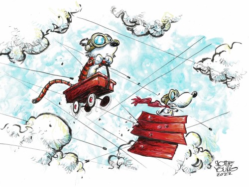 Calvin and Hobbes/Peanuts: Hobbes &amp; Snoopy - Airborne commission (2022)Art by: Skottie Young