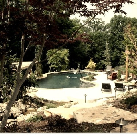Fountain - LandscapeAn Example Of A Large Transitional Partial Sun Hillside Stone Landscaping In Summer.