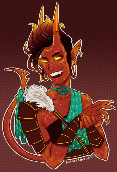 Torment, the non-binary tiefling ranger!Raised by a farming village of humans, elves, and dwarves, k