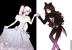 o k finally done with this ahaha it amused me that back of blake&rsquo;s vest looked like a tuxedo coat tail and i guess it lead to this??? i wanted to draw weiss in that dress again too so