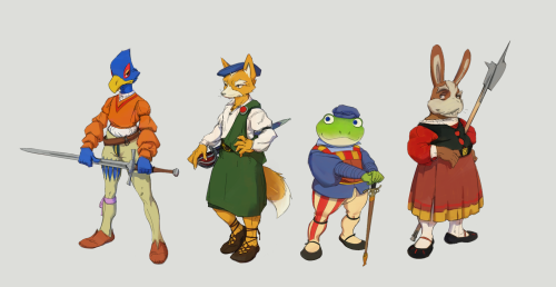 Here’s some AU/costumed StarFox fan-art. Added the line up and rough, thinking sketches too ( I eras