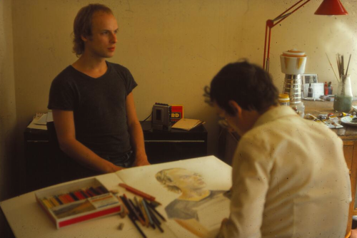 moredarkthanshark:Glynn Boyd Harte draws Brian Eno at 6 Garrick Street, London during August 1975The