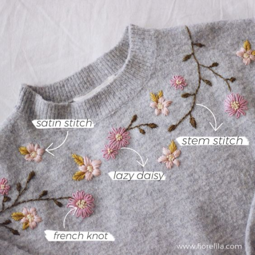 A gray sweater with colourful flower embroidery using the satin stitch, stem stitch, lazy daisy, and french knot.