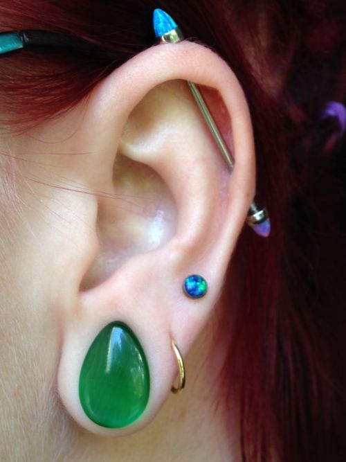 My latest addition to my ear, anatometal opal bullet ends on a downsized Industrial. Rest of ear is 