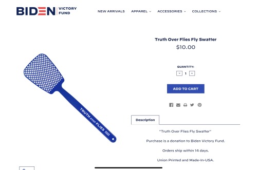 A blue fly swatter for sale on Joe Biden's website, which says "Truth over Flies" on the handle.