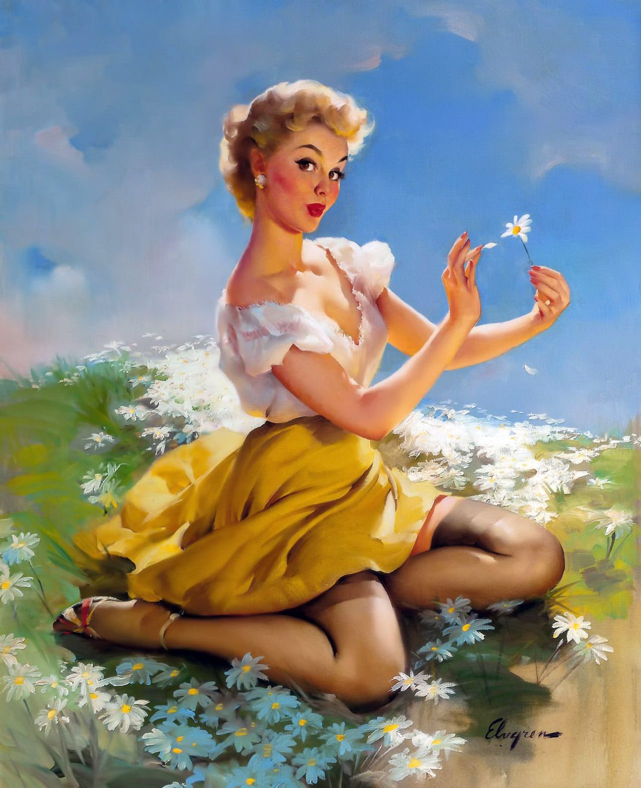 theamericanpin-up:Gil Elvgren - “Daisies Are Telling” - 1953 American Beauties Calendar Illustration from Brown & Bigelow Calendar Co. -