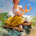 theamericanpin-up:Gil Elvgren - “Daisies Are Telling” - 1953 American Beauties Calendar Illustration from Brown & Bigelow Calendar Co. -