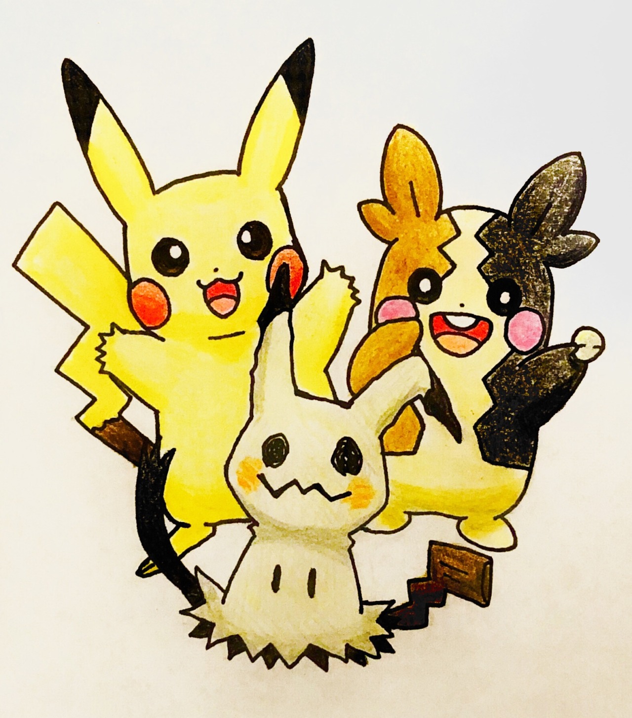 弥紗 年賀状用に描いたピカチュウとミミッキュとモルペコ Pikachu Mimikyu And