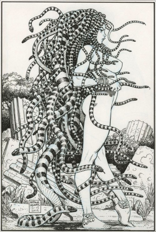 sorcerersskull:  brianmichaelbendis:  Medusa by Arthur Adams  “…the Gorgones who, beyond the famous stream of Okeanos, live in the utmost place toward night, by the singing Hesperides: they are Sthenno, Euryale, and Medusa, whose fate is a sad