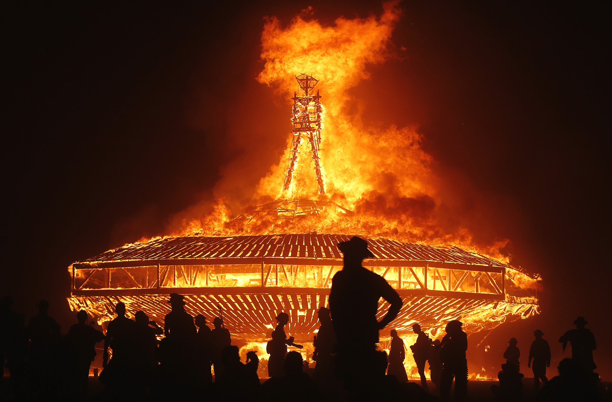 From Photos of Burning Man 2013, one of 33 photos. The Man burns during the Burning Man 2013 arts and music festival in the Black Rock Desert of Nevada, on August 31, 2013. The federal government issued a permit for 68,000 people from all over the...